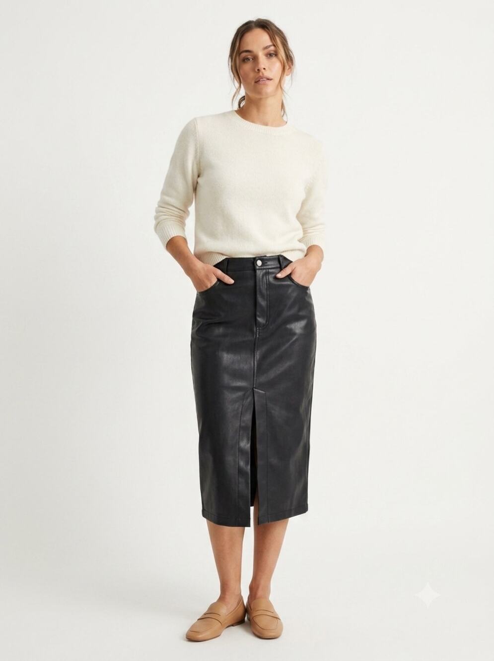 7 For All Mankind Midi Straight Skirt Womens Small Black Faux Leather Front Slit